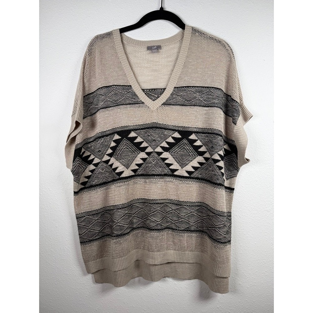 J. Jill Womens XS/S Linen Blend Tribal Geometric‎ Knit V-Neck Sweater Beige